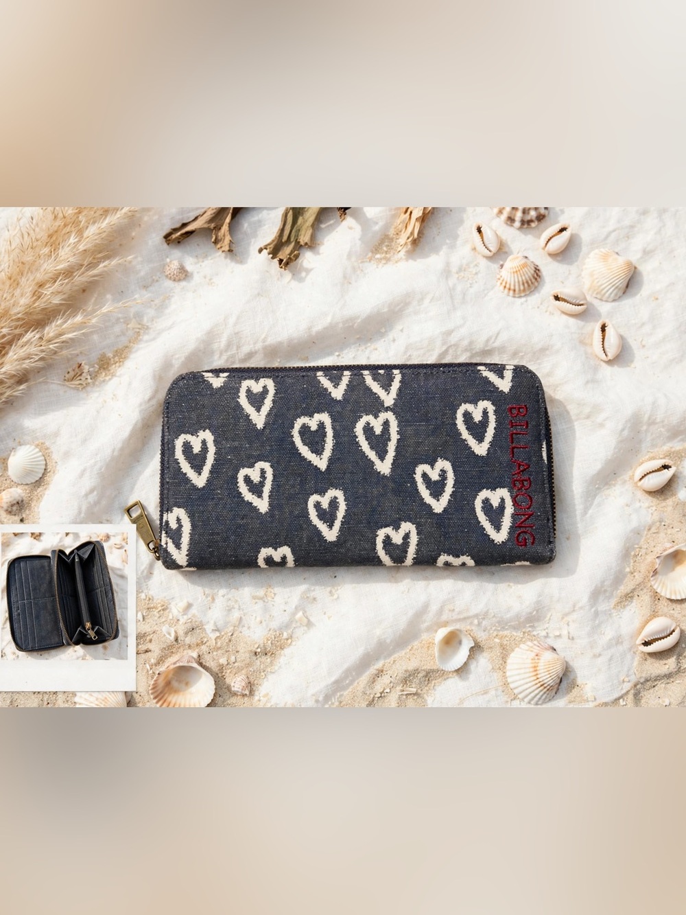 Billabong Navy Heart-Print Zip Wallet with Red Logo